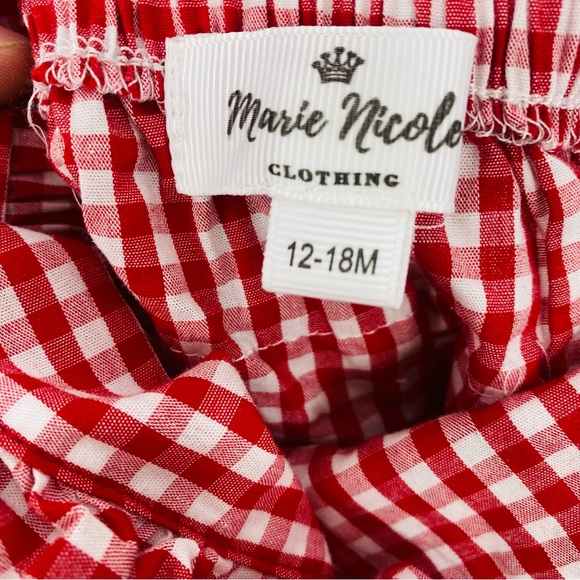 Marie Nicole Clothing Gingham Farm Animal Embroidered Romper Red White Ruffle - Picture 8 of 8
